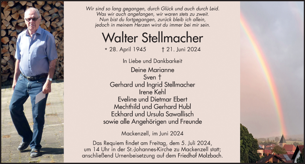  Traueranzeige für Walter Stellmacher vom 29.06.2024 aus FZ