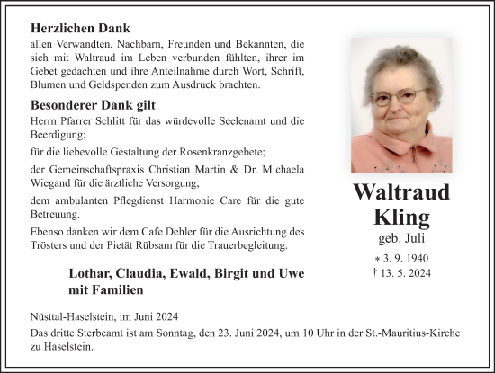 Traueranzeige von Waltraud Kling von FZ