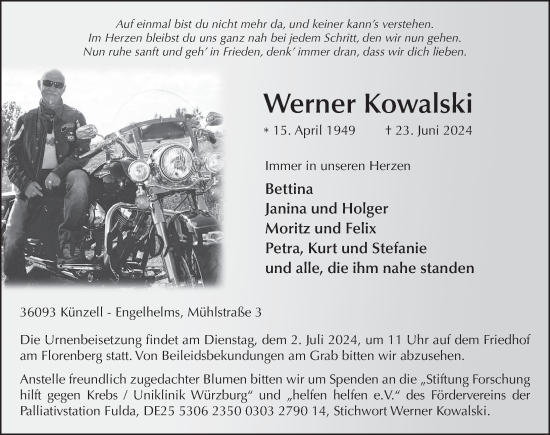 Traueranzeige von Werner Kowalski von FZ