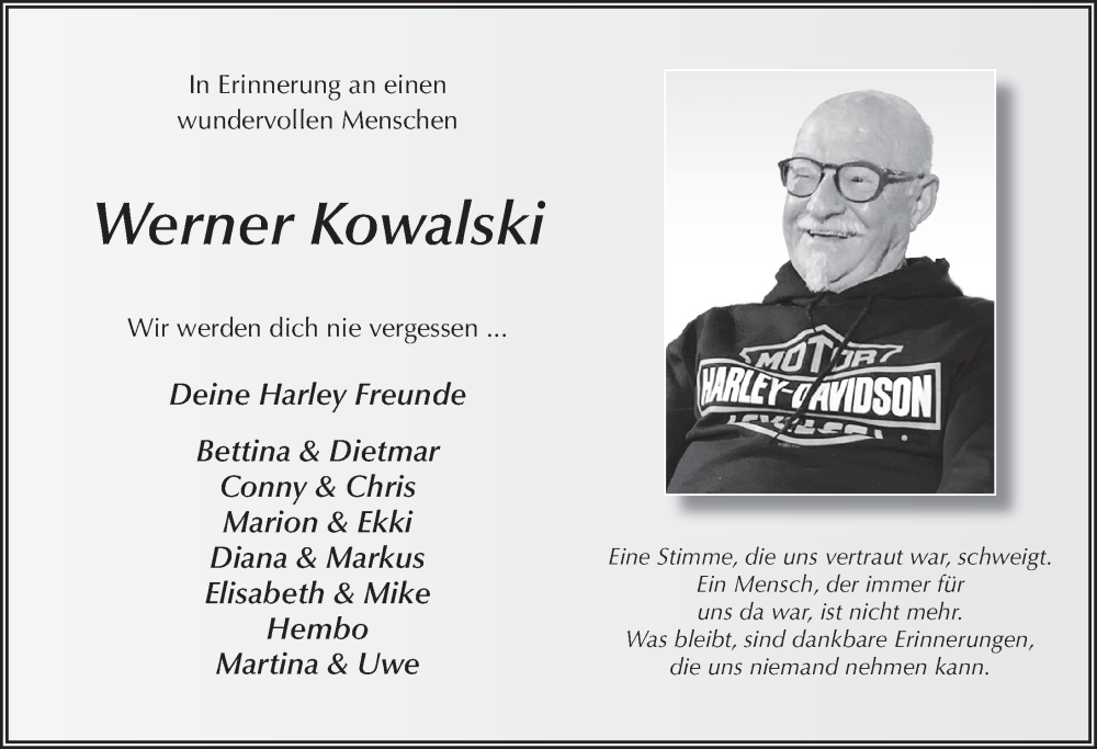  Traueranzeige für Werner Kowalski vom 27.06.2024 aus FZ