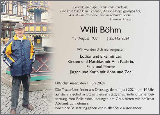 Traueranzeige von Willi Böhm von FZ
