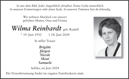 Traueranzeige von Wilma Reinhardt von FZ