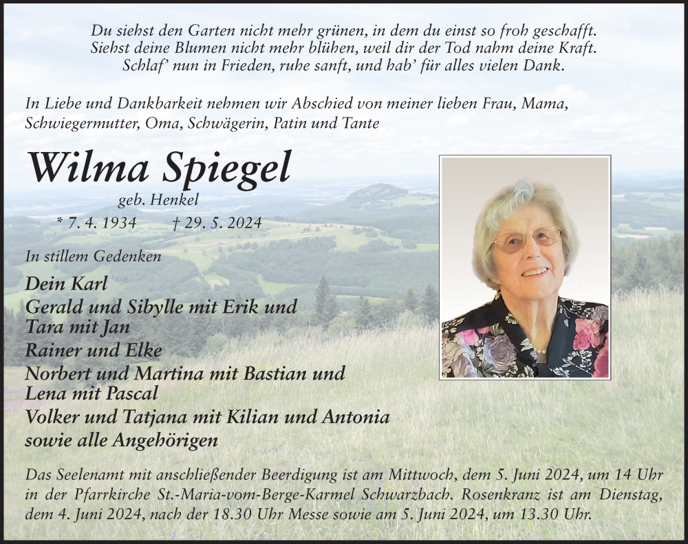  Traueranzeige für Wilma Spiegel vom 01.06.2024 aus FZ