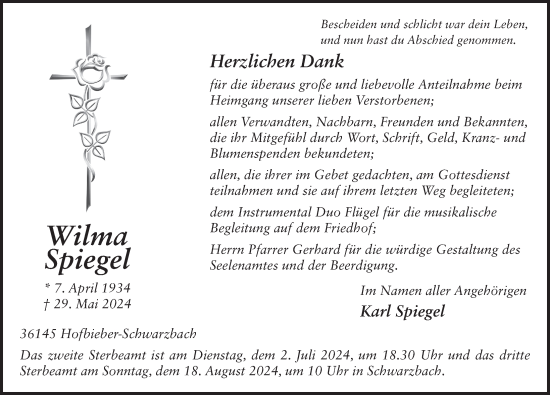 Traueranzeige von Wilma Spiegel von FZ