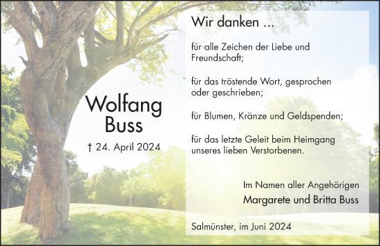 Traueranzeige von Wolfgang Buss von FZ