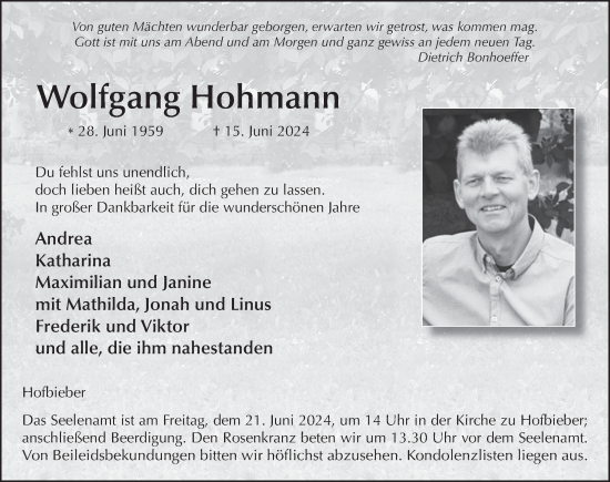 Traueranzeige von Wolfgang Hohmann von FZ