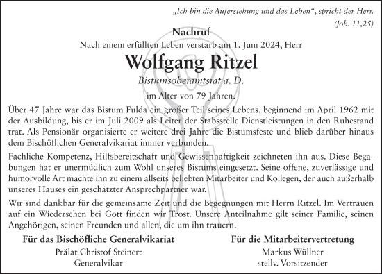 Traueranzeige von Wolfgang Ritzel von FZ