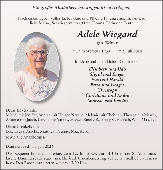 Traueranzeige von Adele Wiegand von FZ