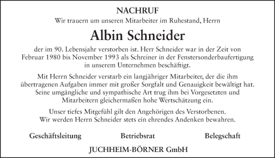 Traueranzeige von Albin Schneider von FZ