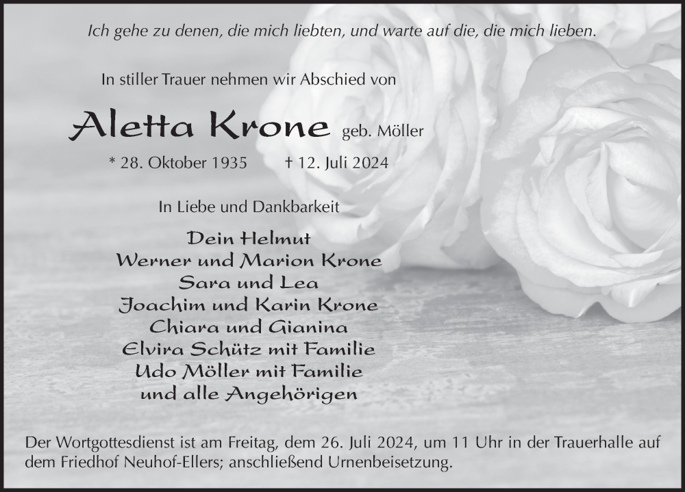  Traueranzeige für Aletta Krone vom 22.07.2024 aus FZ
