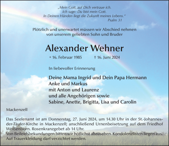 Traueranzeige von Alexander Wehner von FZ
