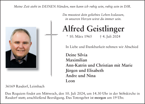 Traueranzeige von Alfred Geistlinger von FZ