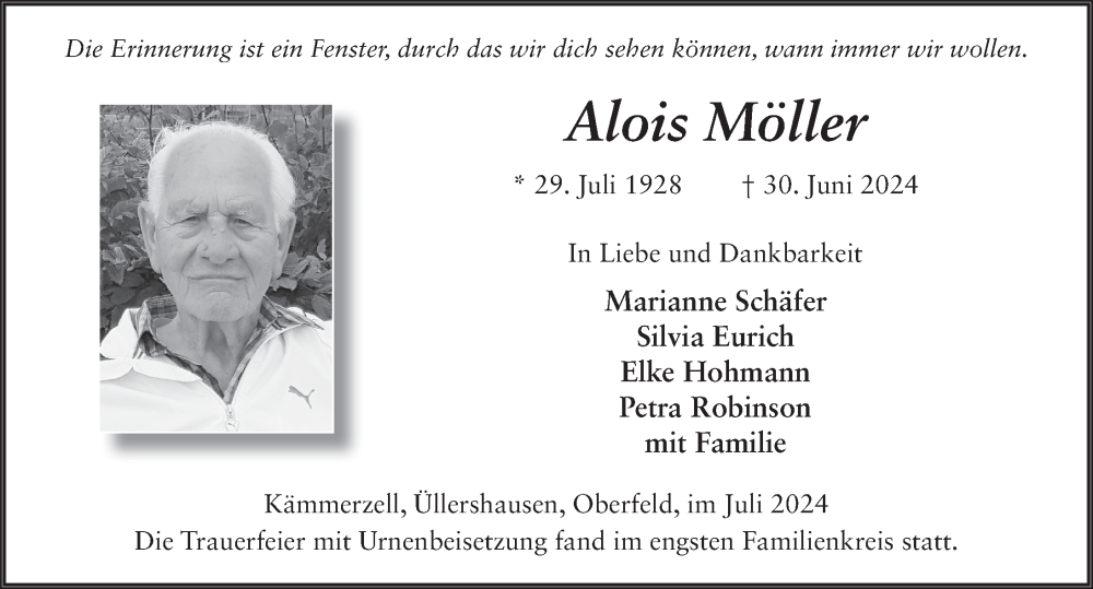  Traueranzeige für Alois Möller vom 13.07.2024 aus FZ