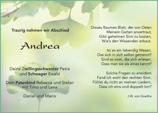Traueranzeige von Andrea Müller von FZ