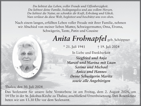 Traueranzeige von Anita Frohnapfel von FZ