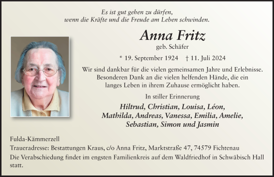 Traueranzeige von Anna Fritz von FZ