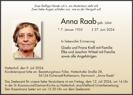 Traueranzeige von Anna Raab von FZ