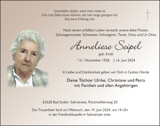 Traueranzeige von Anneliese Seipel von FZ