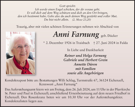 Traueranzeige von Anni Farnung von FZ