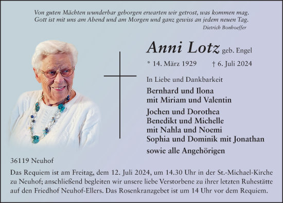 Traueranzeige von Anni Lotz von FZ