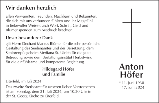 Traueranzeige von Anton Höfer von FZ