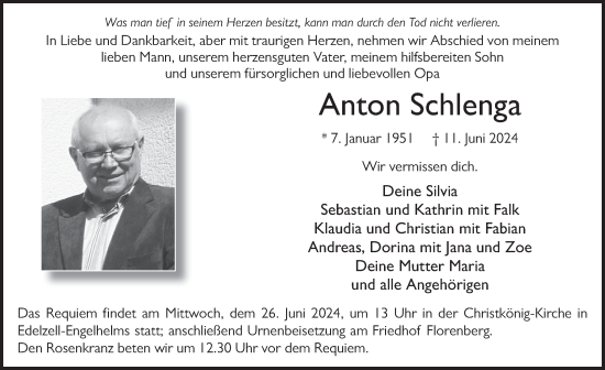 Traueranzeige von Anton Schlenga von FZ
