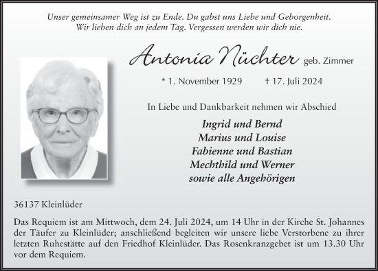Traueranzeige von Antonia Nüchter von FZ