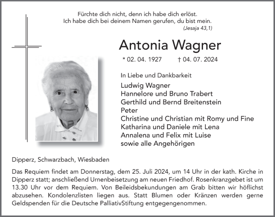 Traueranzeige von Antonia Wagner von FZ