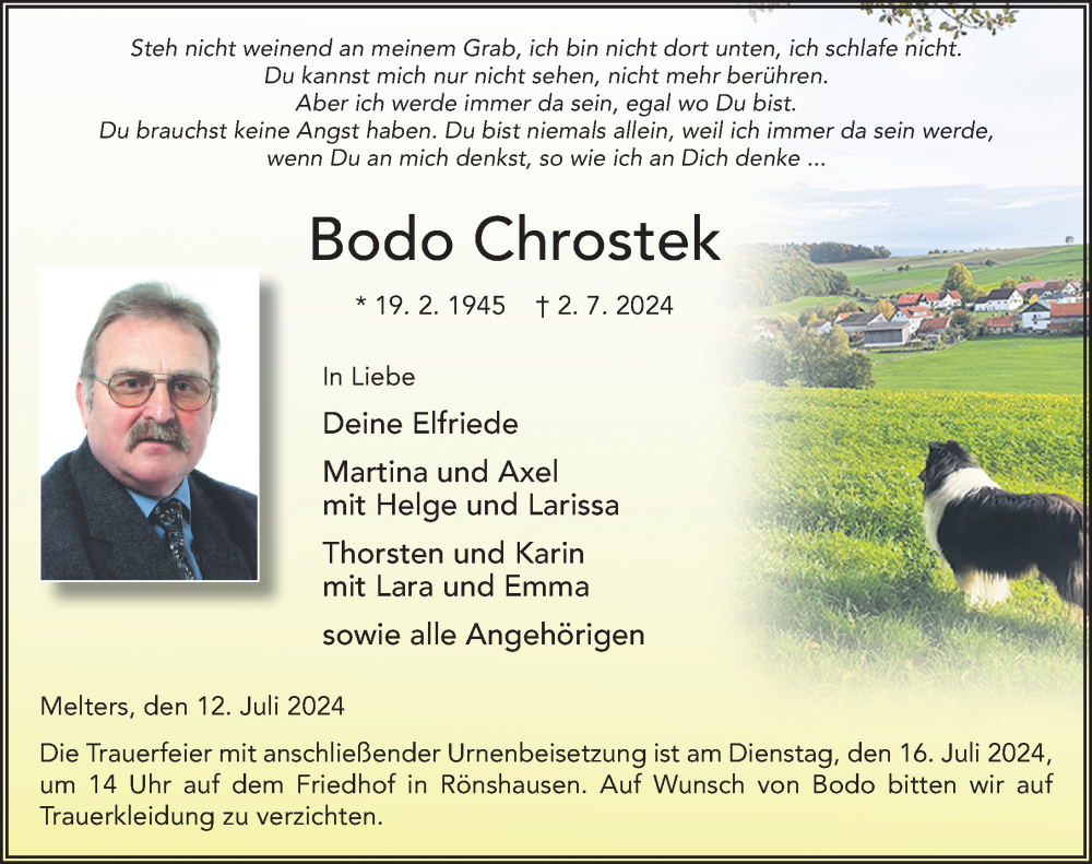  Traueranzeige für Bodo Chrostek vom 12.07.2024 aus FZ