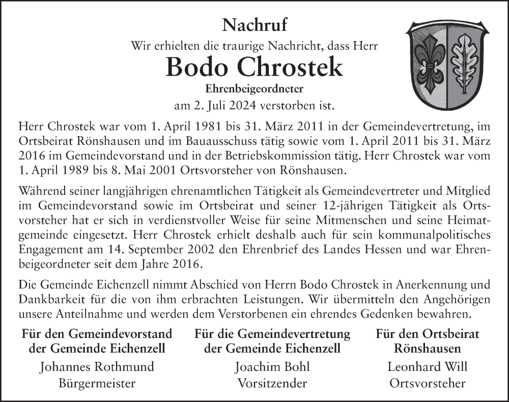  Traueranzeige für Bodo Chrostek vom 12.07.2024 aus FZ