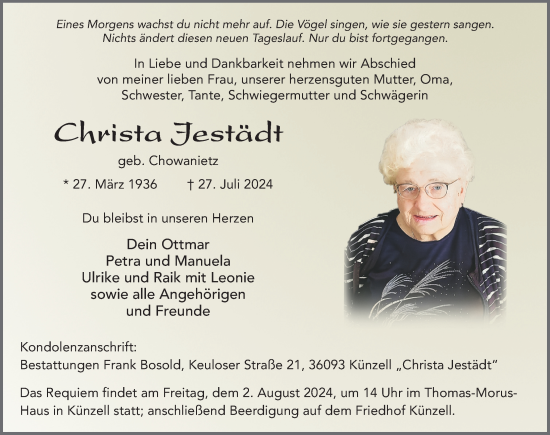 Traueranzeige von Christa Jestädt von FZ