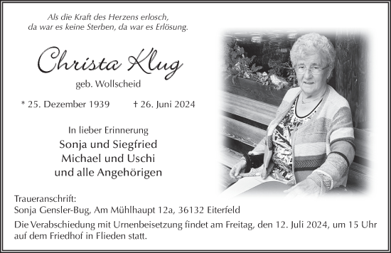 Traueranzeige von Christa Klug von FZ