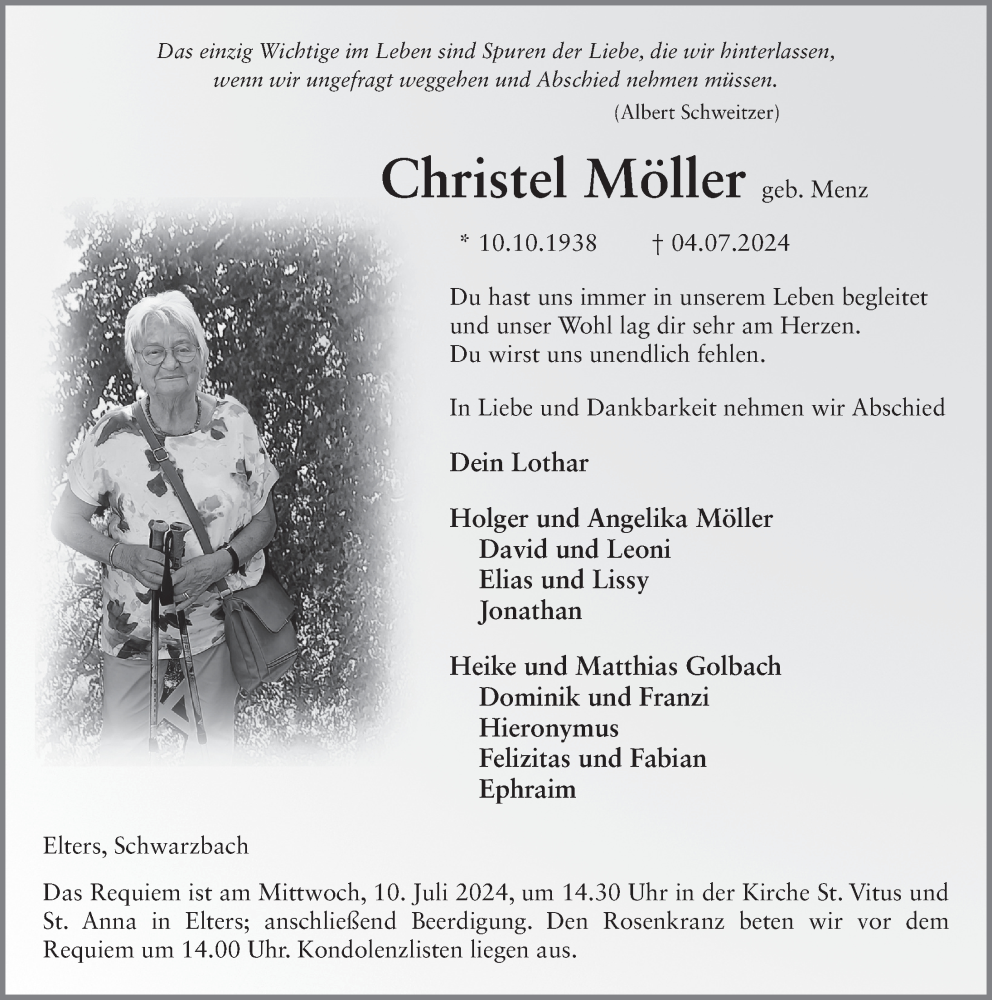  Traueranzeige für Christel Möller vom 06.07.2024 aus FZ