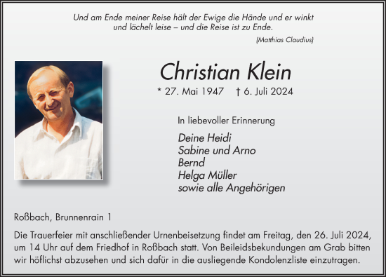 Traueranzeige von Christian Klein von FZ
