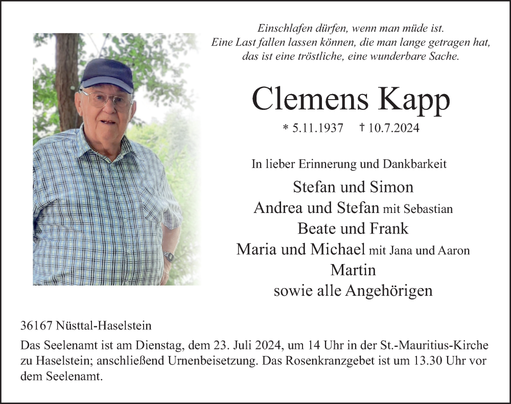  Traueranzeige für Clemens Kapp vom 19.07.2024 aus FZ