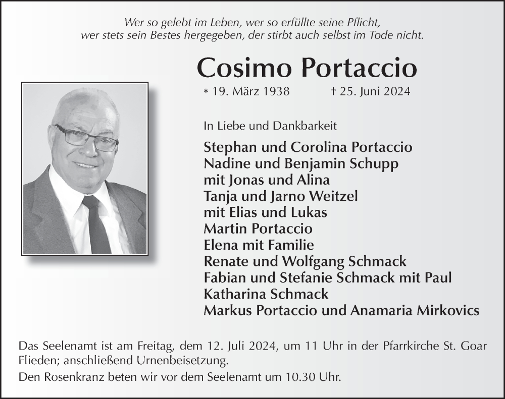  Traueranzeige für Cosimo Portaccio vom 06.07.2024 aus FZ