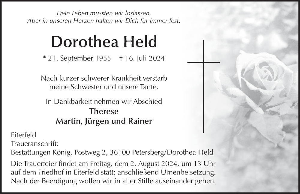  Traueranzeige für Dorothea Held vom 30.07.2024 aus FZ
