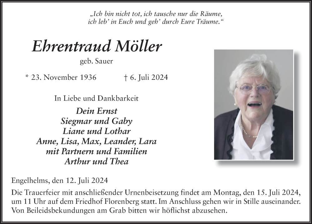  Traueranzeige für Ehrentraud Möller vom 12.07.2024 aus FZ