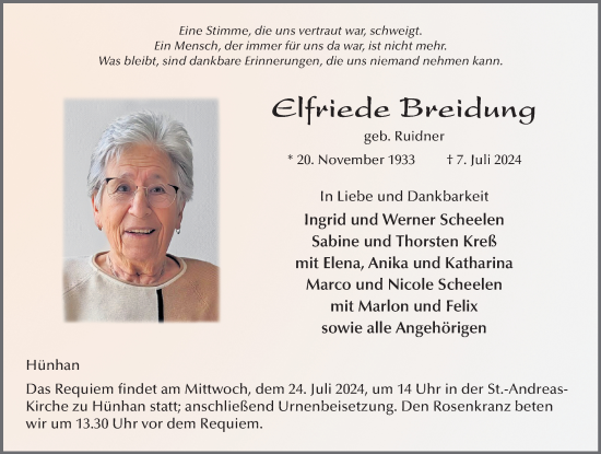 Traueranzeige von Elfriede Breidung von FZ