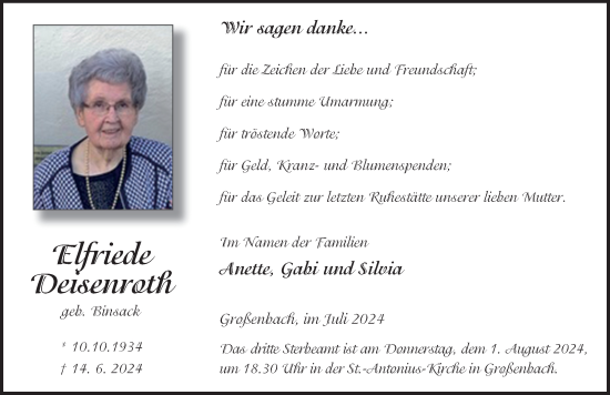 Traueranzeige von Elfriede Deisenroth von FZ