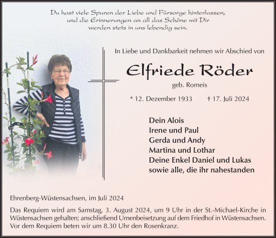 Traueranzeige von Elfriede Röder von FZ