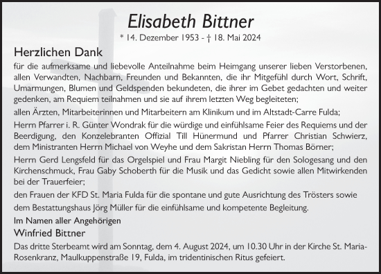 Traueranzeige von Elisabeth Bittner von FZ