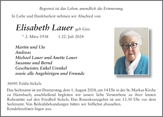 Traueranzeige von Elisabeth Lauer von FZ
