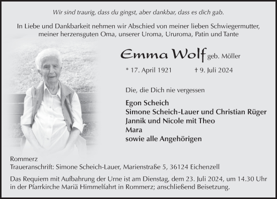 Traueranzeige von Emma Wolf von FZ