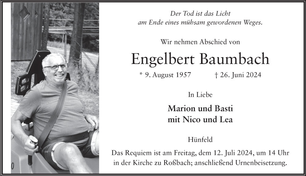  Traueranzeige für Engelbert Baumbach vom 10.07.2024 aus FZ