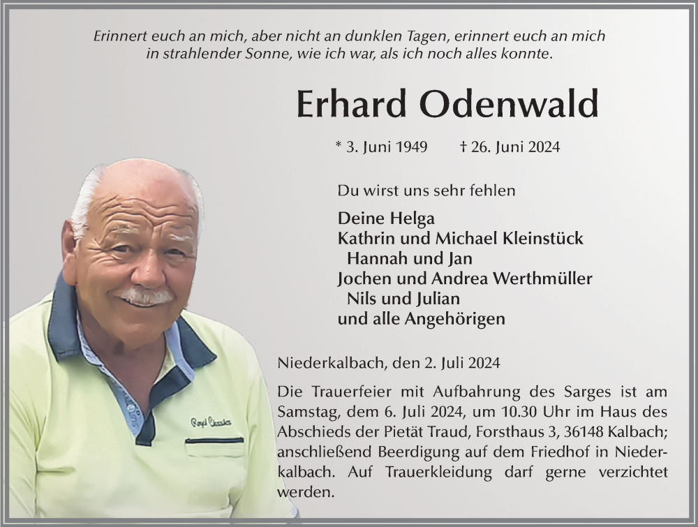  Traueranzeige für Erhard Odenwald vom 02.07.2024 aus FZ