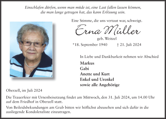 Traueranzeige von Erna Müller von FZ