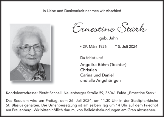 Traueranzeige von Ernestine Stark von FZ