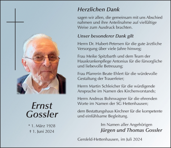 Traueranzeige von Ernst Gossler von FZ