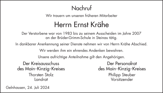 Traueranzeige von Ernst Krähe von FZ